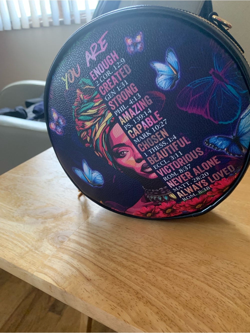 Round Crossbody Bag with Inspirational Print - Purple
